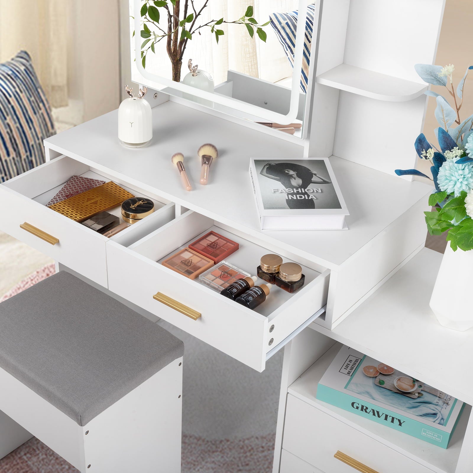 Lowest Prices - Ktaxon 3 Color Lighted Vanity Table with Sliding Mirror Vanity Set with Storage Drawers Hidden Shelves Cushion Stool White