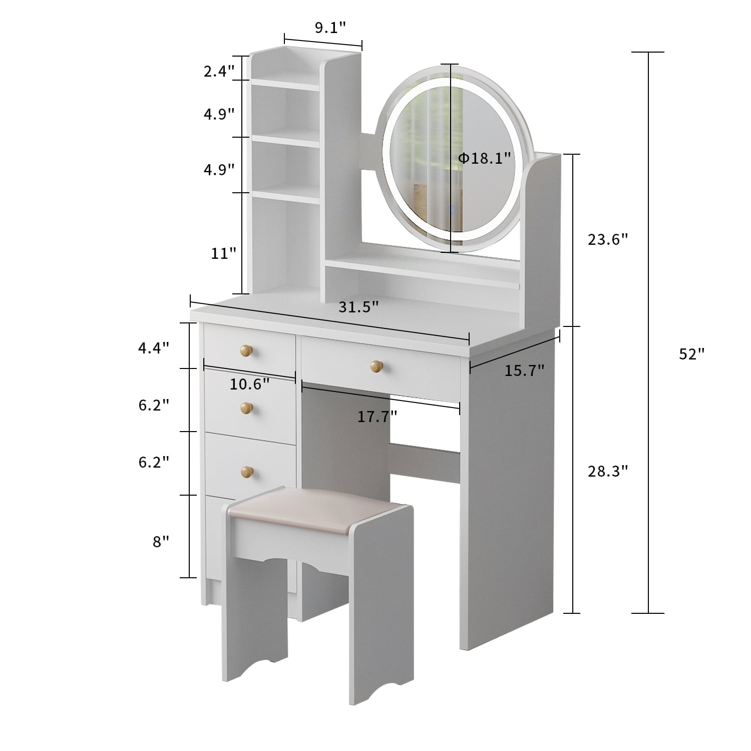 Lowest Prices - Makeup Vanity Dressing Table with 5 Drawers and Shelves, Vanity Set with Lighted Round Mirror, White Dresser Desk and Cushioned Stool Set