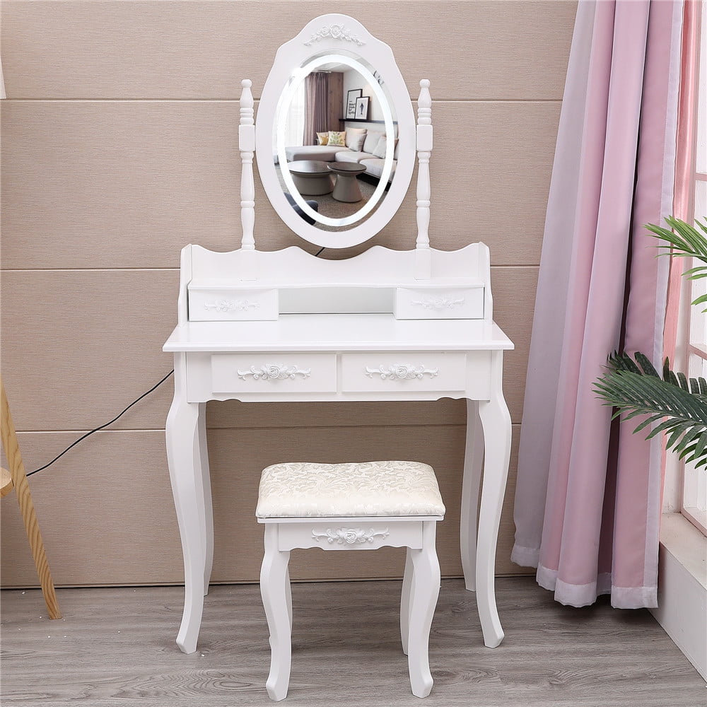 Lowest Prices - Ktaxon Elegance White Dressing Table Vanity Table and Stool Set Wood Makeup Desk with 4 Drawers & Lighted LED Touch Screen Mirror