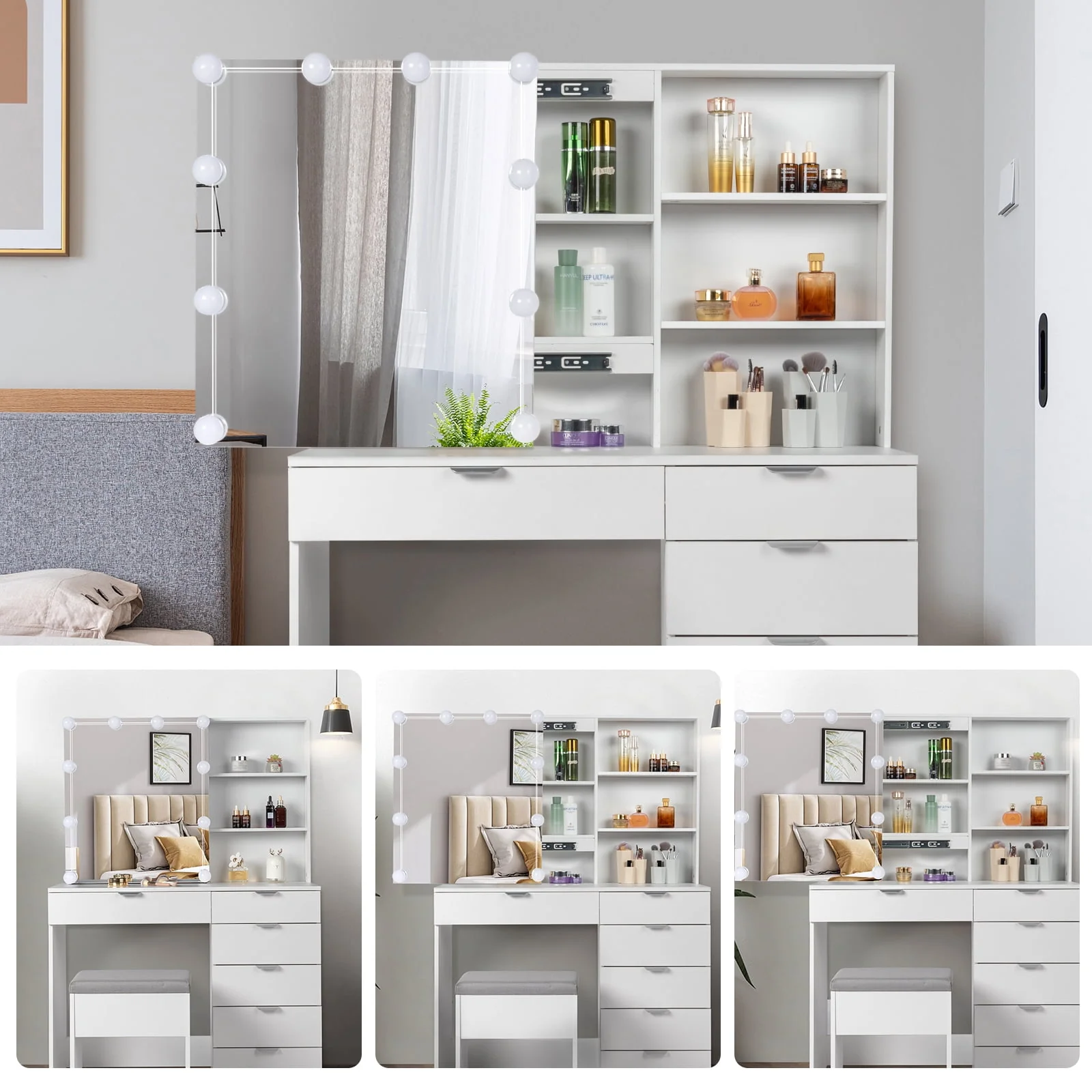 Lowest Prices - Ktaxon Vanity Set with 3 Color Lighted Mirror, Makeup Table with 6 Drawers, Dressing Table Makeup Desk with Stool,White