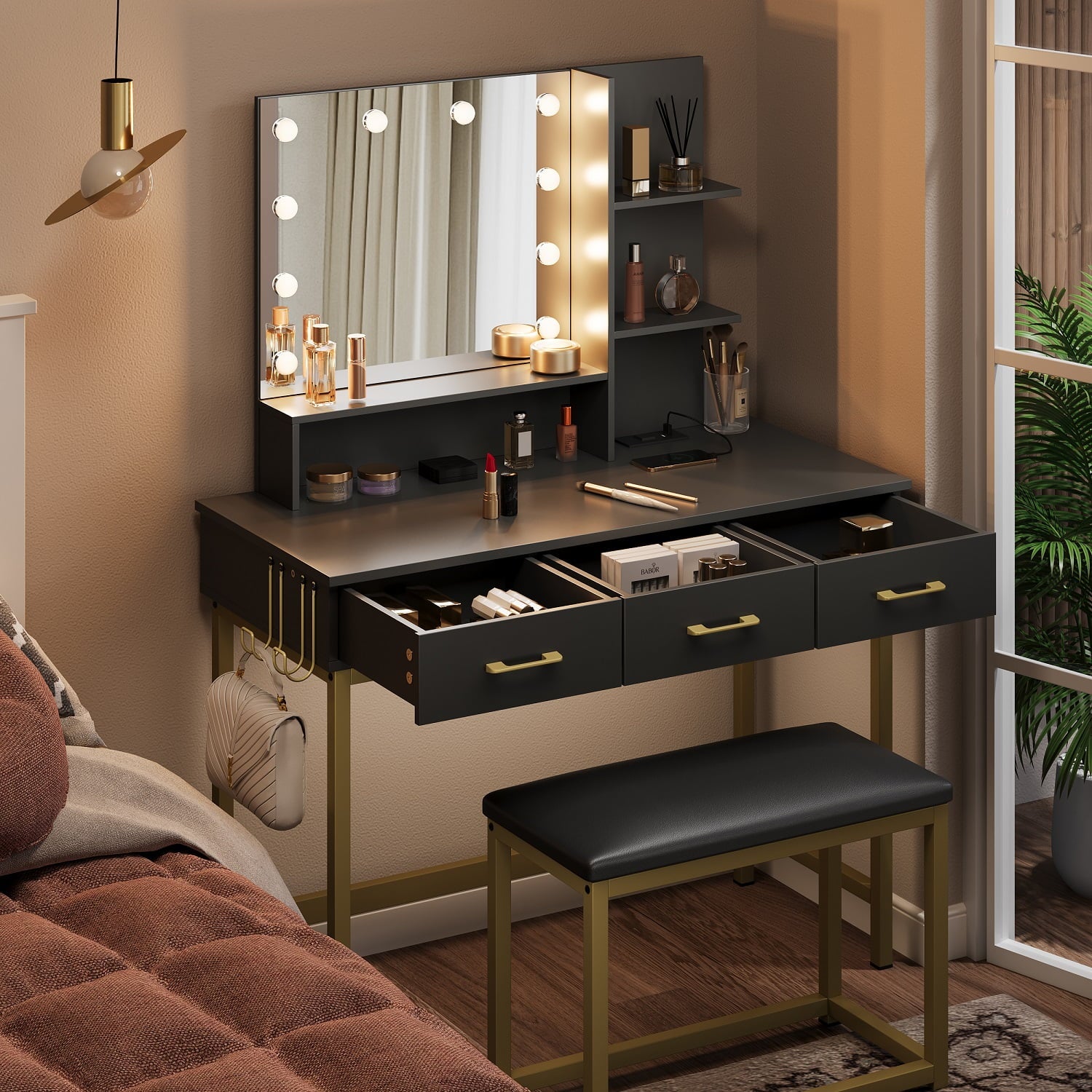 Lowest Prices - Bestier Vanity Set with Lighted Mirror & Power Outlet, Makeup Table with Drawers & Cushioned Stool for Bedroom in White