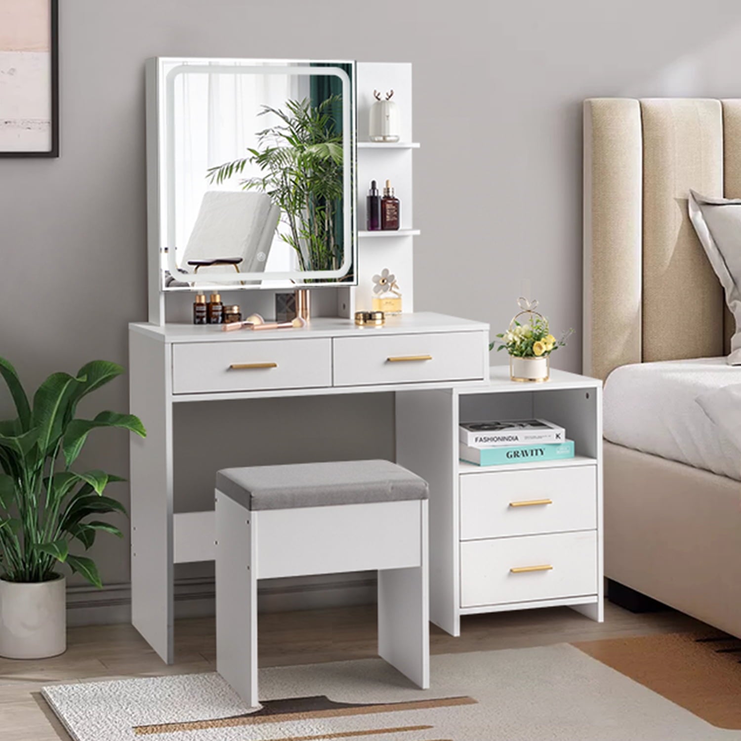 Lowest Prices - Ktaxon 3 Color Lighted Vanity Table with Sliding Mirror Vanity Set with Storage Drawers Hidden Shelves Cushion Stool White
