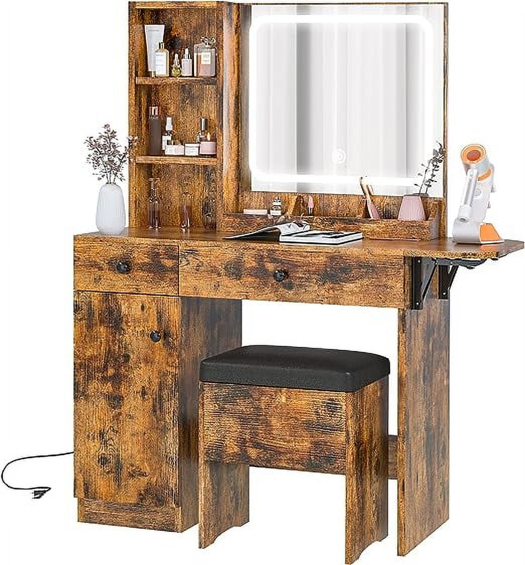 Lowest Prices - IRONCK Vanity Desk with LED Lighted Mirror & Power Outlet, Makeup Table with Drawers & Cabinet,Storage Stool,for Bedroom, White