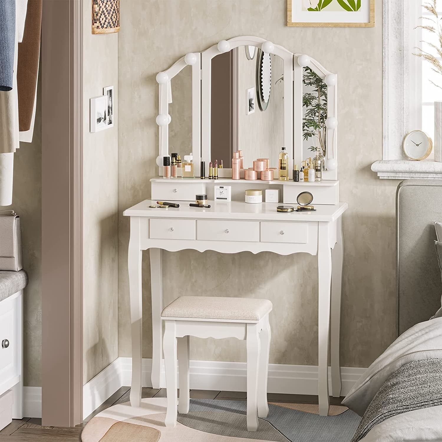 Lowest Prices - Tiptiper Vanity Table Set with Lighted Tri-Fold Mirror and Stool, Makeup Vanity Dressing Desk 5 Drawers, White