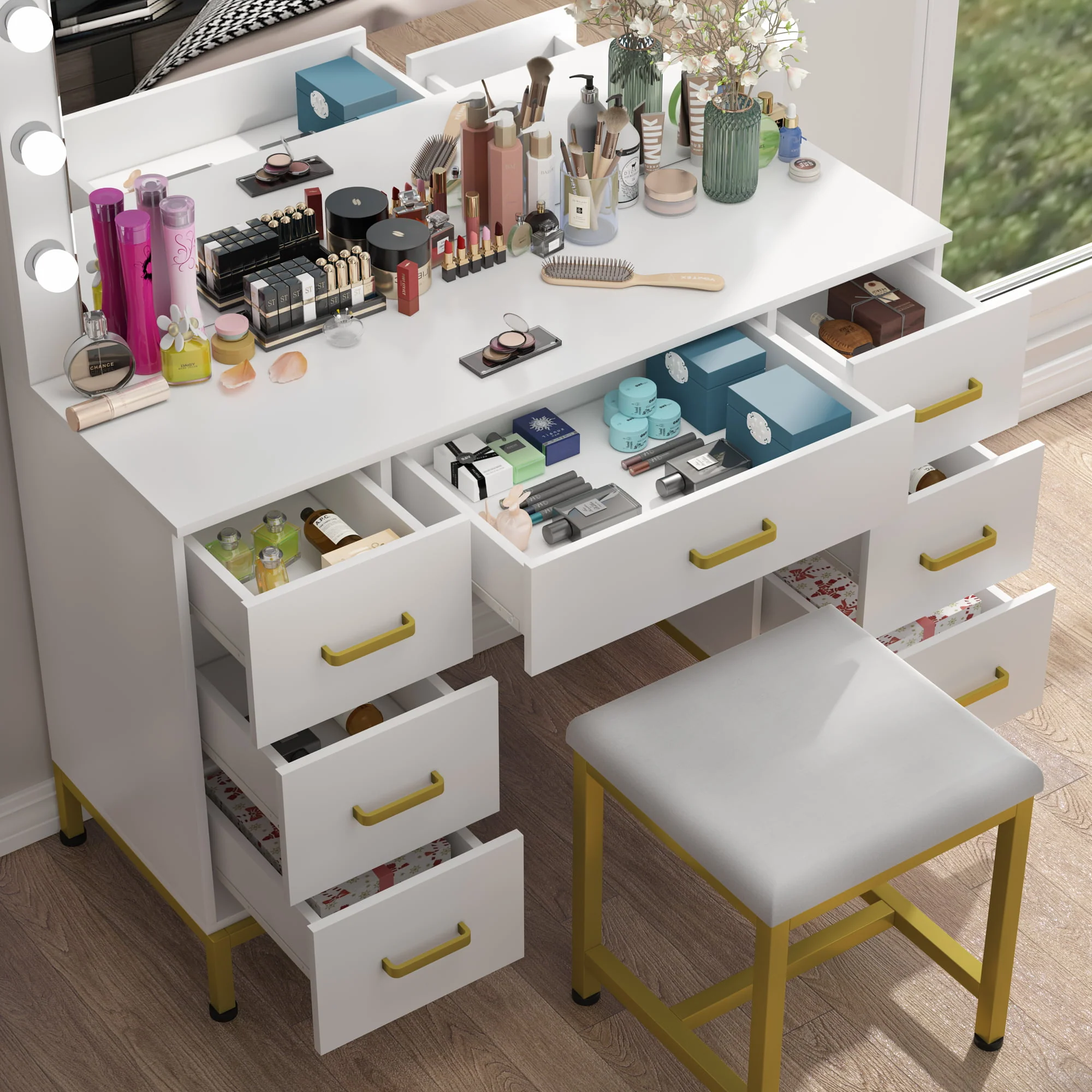 Lowest Prices - PAKASEPT Vanity Set with Lighted Mirror, Makeup Vanity Dressing Table with 14PCS LED Bulbs, Cushioned Stool & 7 Drawers, Large 44