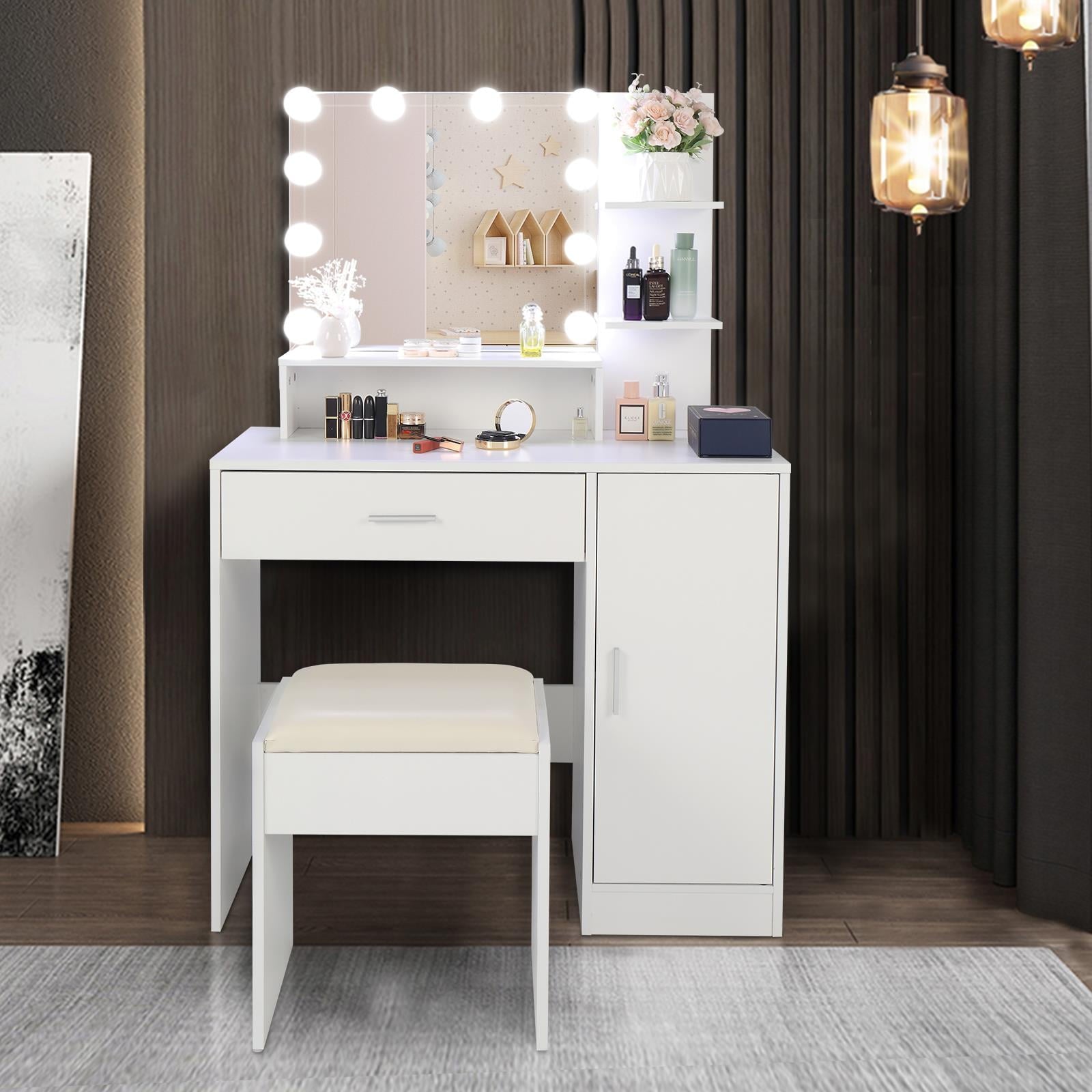 Lowest Prices - Ktaxon Vanity Set with 3 Color Lighted Mirror, Makeup Table with 3 Storage Shelves & Drawers, Dressing Table Makeup Desk with Stool,White