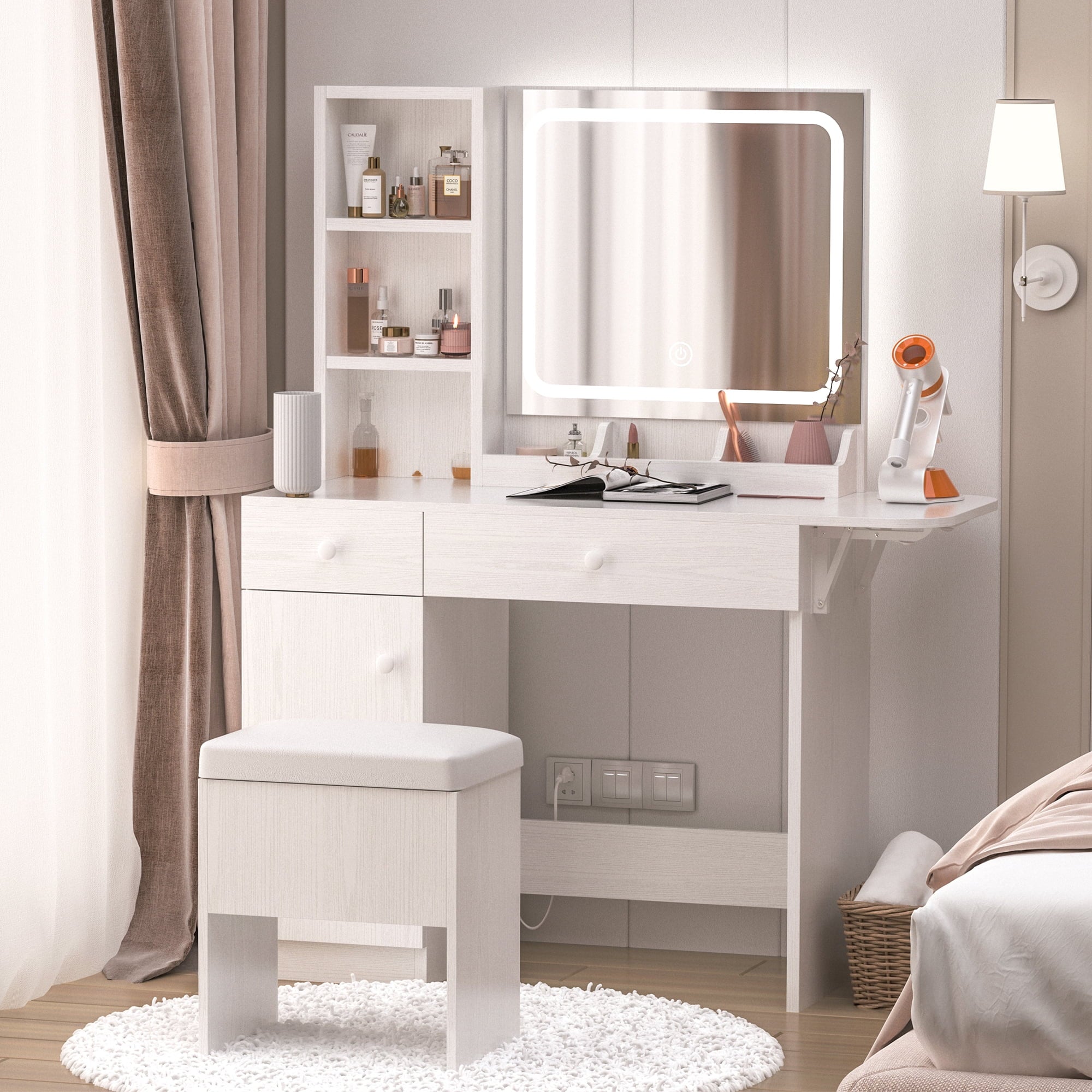 Lowest Prices - IRONCK Vanity Desk with LED Lighted Mirror & Power Outlet, Makeup Table with Drawers & Cabinet,Storage Stool,for Bedroom, White