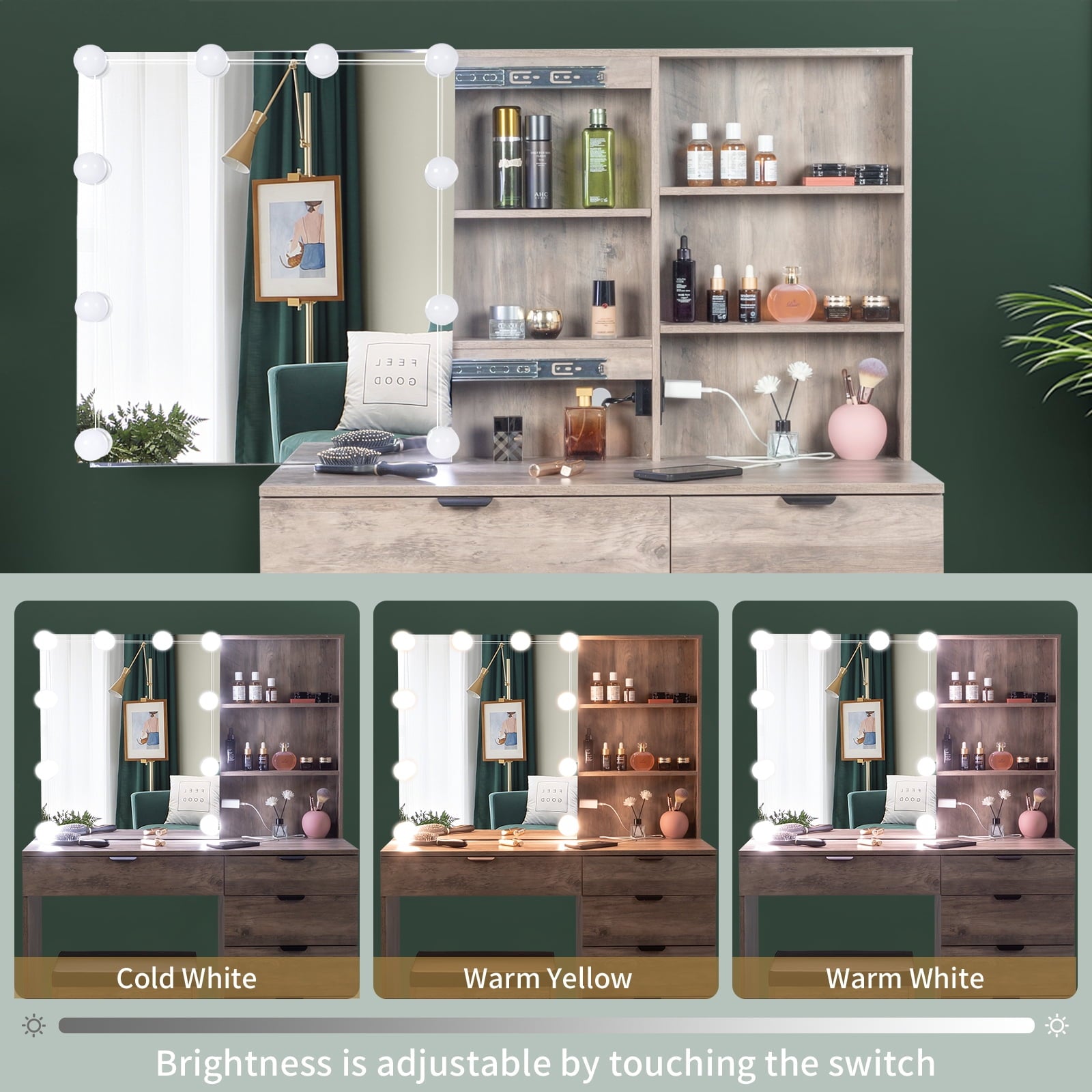 Lowest Prices - Ktaxon Vanity Set with 3 Color Lighted Mirror & Charging Station, Makeup Table with 6 Drawers, Dressing Table Makeup Desk with Stool,Retro Gray