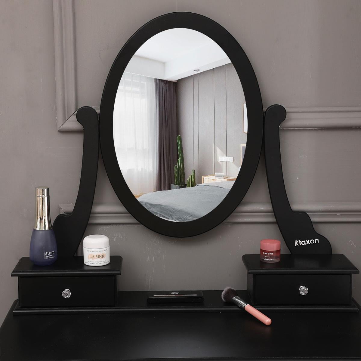 Lowest Prices - SamyoHome Oval Mirror Vanity Makeup Dressing Table and Stool Set Jewelry Desk with 5 Drawers, Black