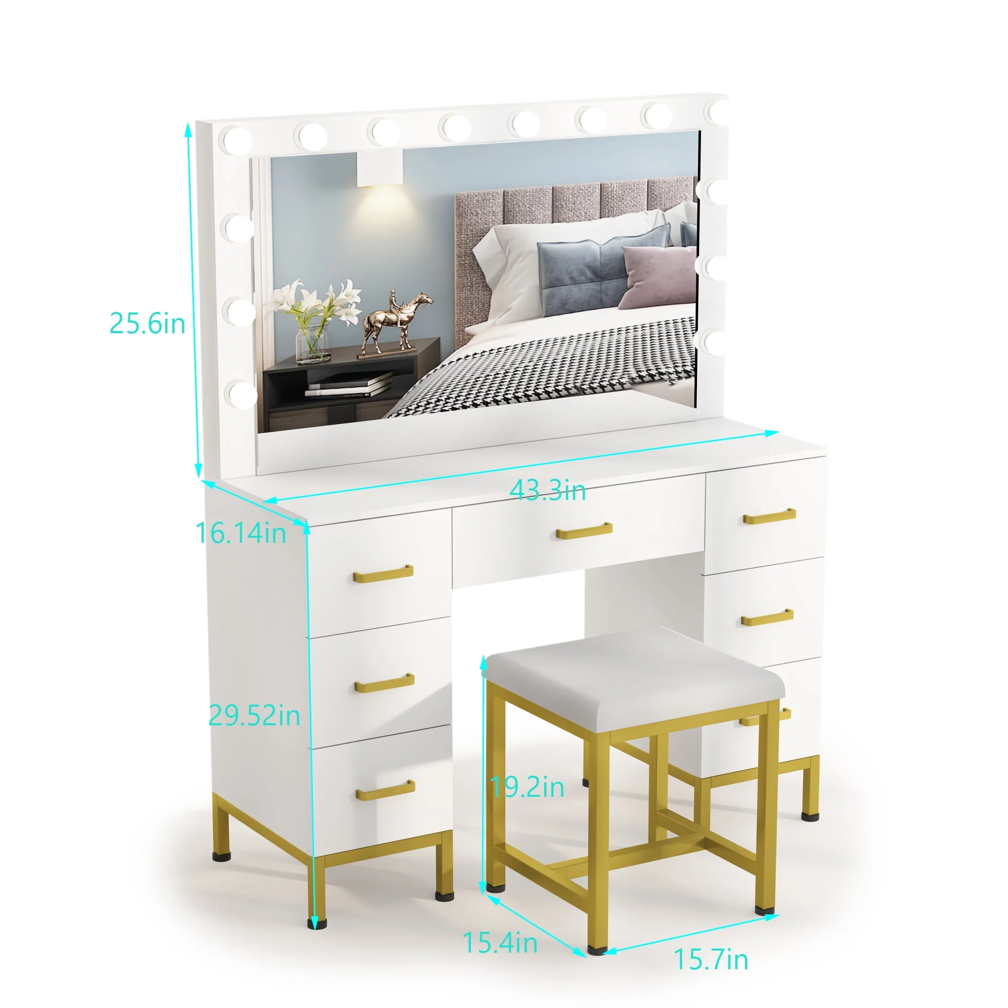 Lowest Prices - PAKASEPT Vanity Set with Lighted Mirror, Makeup Vanity Dressing Table with 14PCS LED Bulbs, Cushioned Stool & 7 Drawers, Large 44