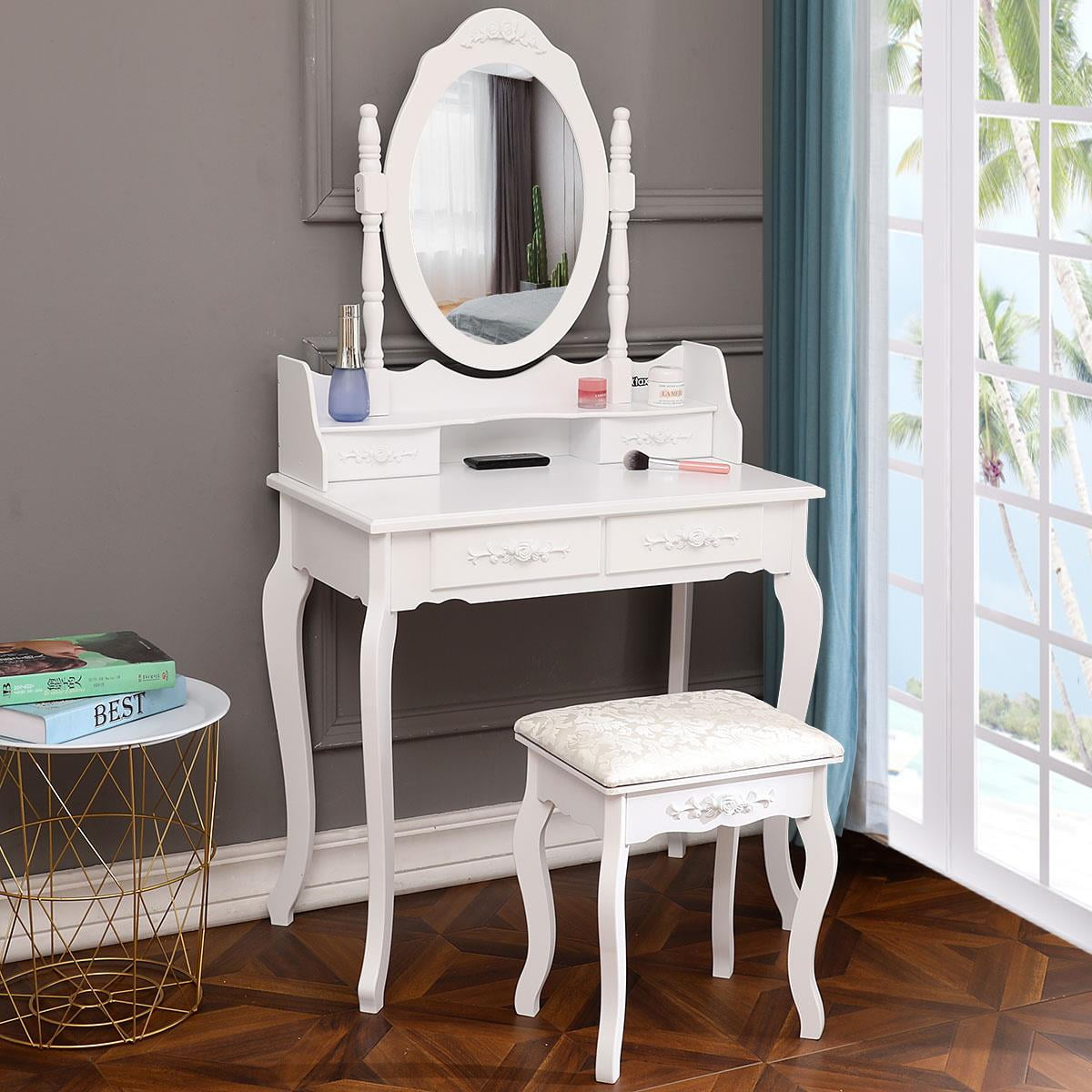 Lowest Prices - Ktaxon Elegance White Dressing Table Vanity Table and Stool Set Wood Makeup Desk with 4 Drawers & Mirror