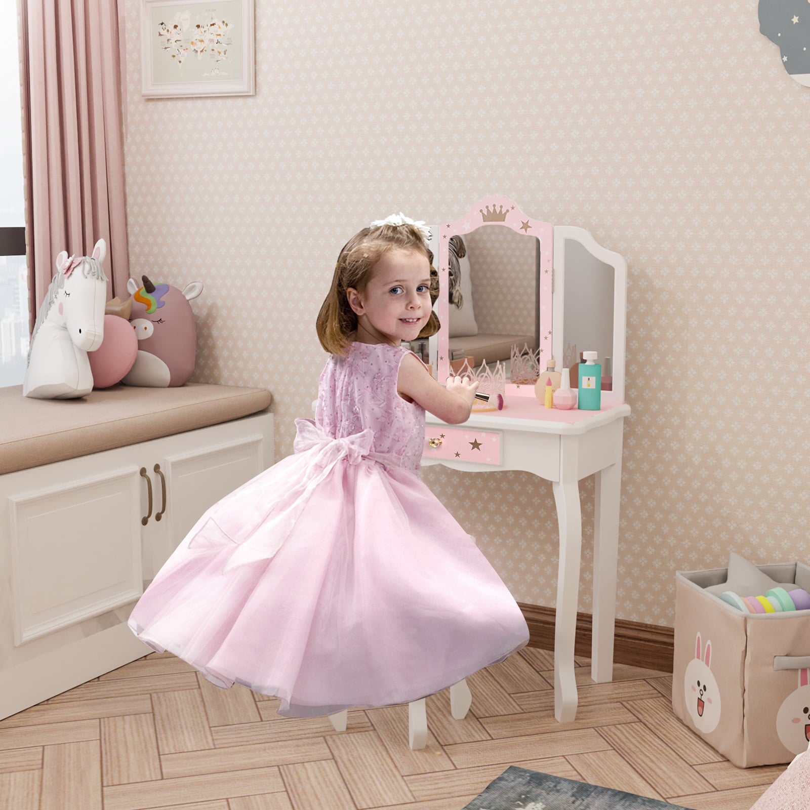 Lowest Prices - JOYMOR Kids Vanity Table and Stool for Makeup Dressing with Mirrors Drawers, White