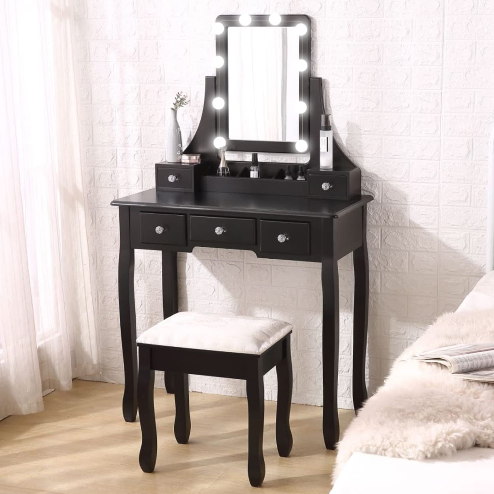 Lowest Prices - VEANERWOOD Makeup Vanity Table with 10 Led Lights, Lighted Mirror Vanity Desk with Cushioned Stool Set, 5 Drawers and 2 Shelves, Bedroom Dressing Vanity, Luxurious, Black