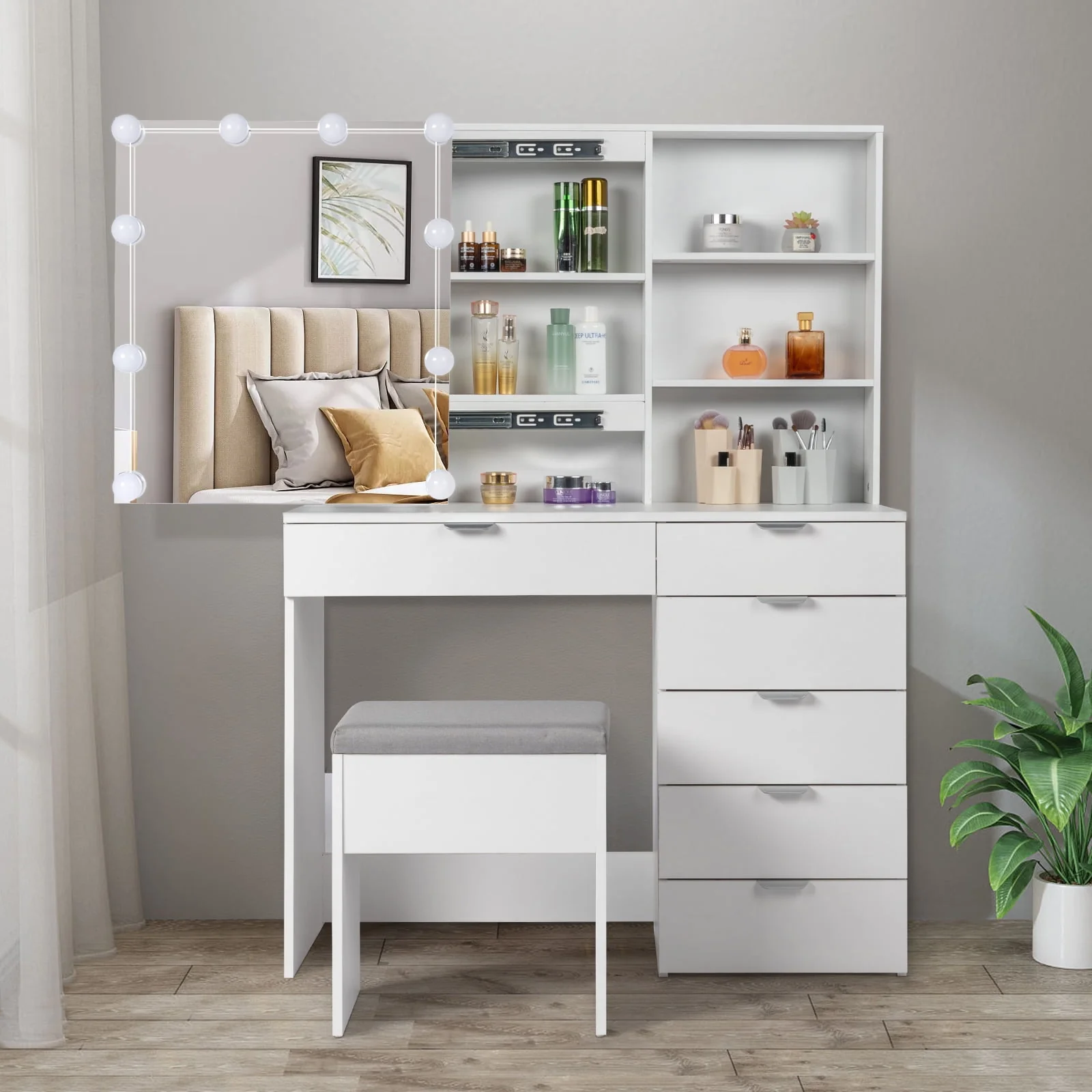 Lowest Prices - Ktaxon Vanity Set with 3 Color Lighted Mirror, Makeup Table with 6 Drawers, Dressing Table Makeup Desk with Stool,White