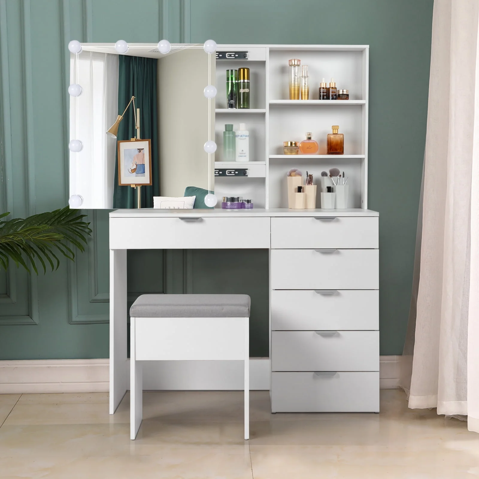 Lowest Prices - Ktaxon Vanity Set with 3 Color Lighted Mirror, Makeup Table with 6 Drawers, Dressing Table Makeup Desk with Stool,White