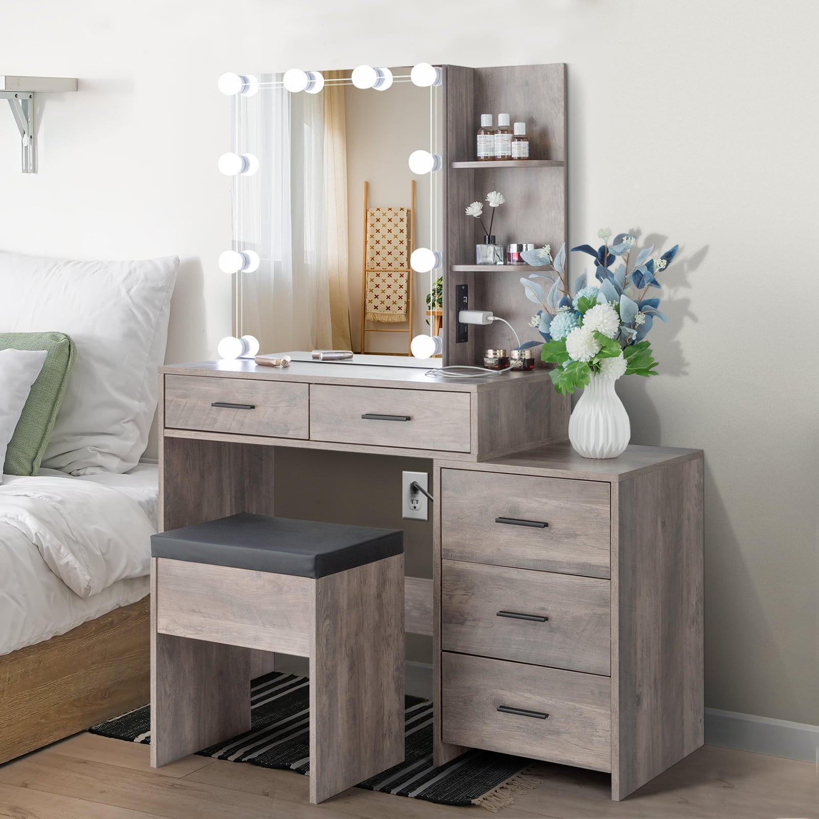 Lowest Prices - Ktaxon Lighted Vanity Makeup Table Set with Charging Station, Sliding Mirror with Cushioned Stool
