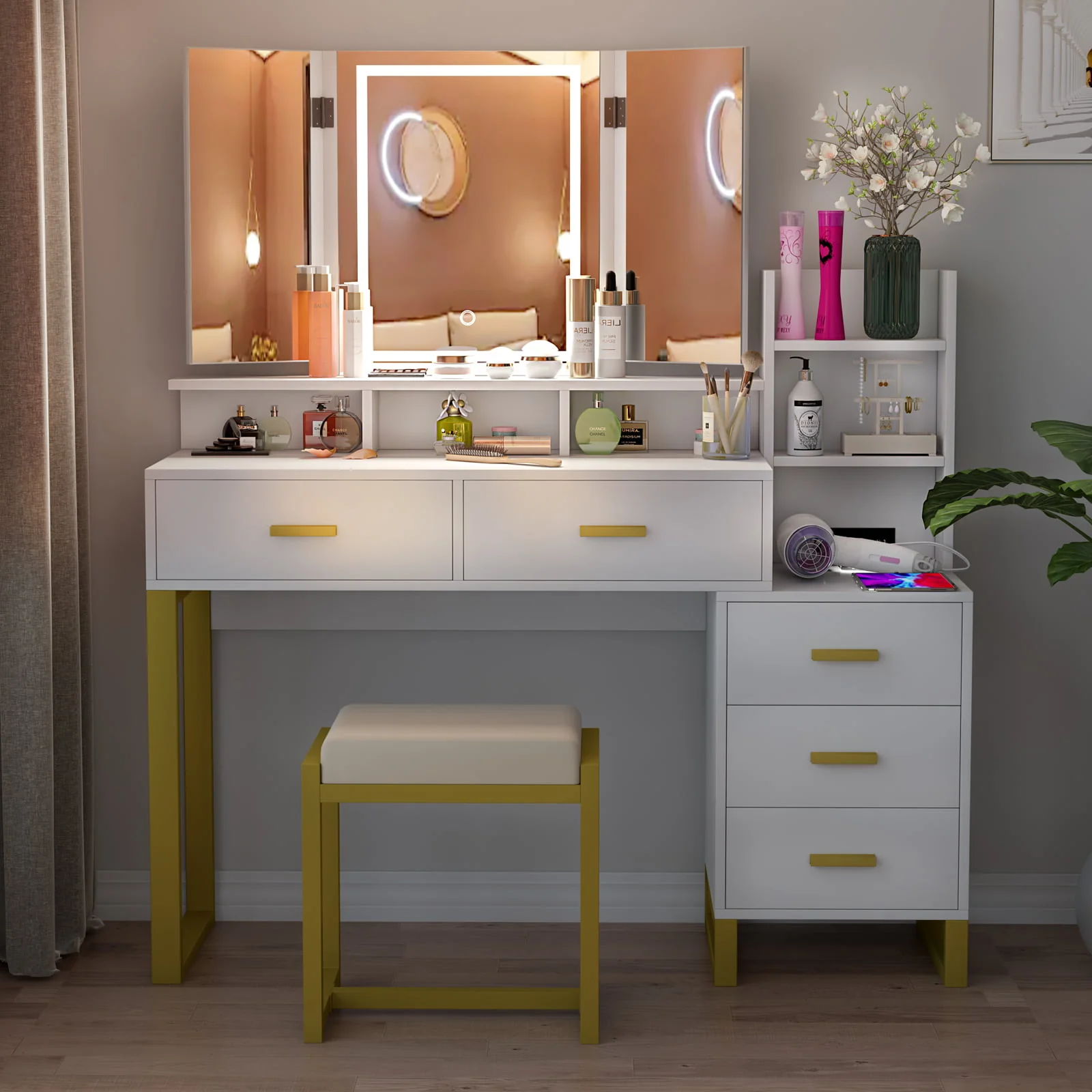 Lowest Prices - PAKASEPT Vanity Set with Tri-Fold Makeup Mirror, Large Vanity Desk Makeup Vanity with 3-Color Adjustable Touch Light, Charging Station, 5 Drawers, Storage Shelves&Cushioned Stool for Bedroom, White