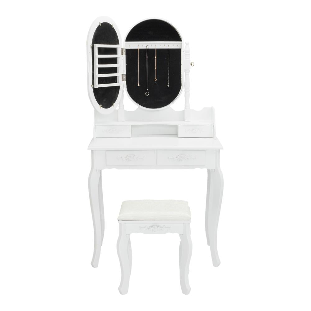 Lowest Prices - Ktaxon Vanity Jewelry Wooden Makeup Dressing Table Set W/Stool Mirror Cabinet &4 Drawer