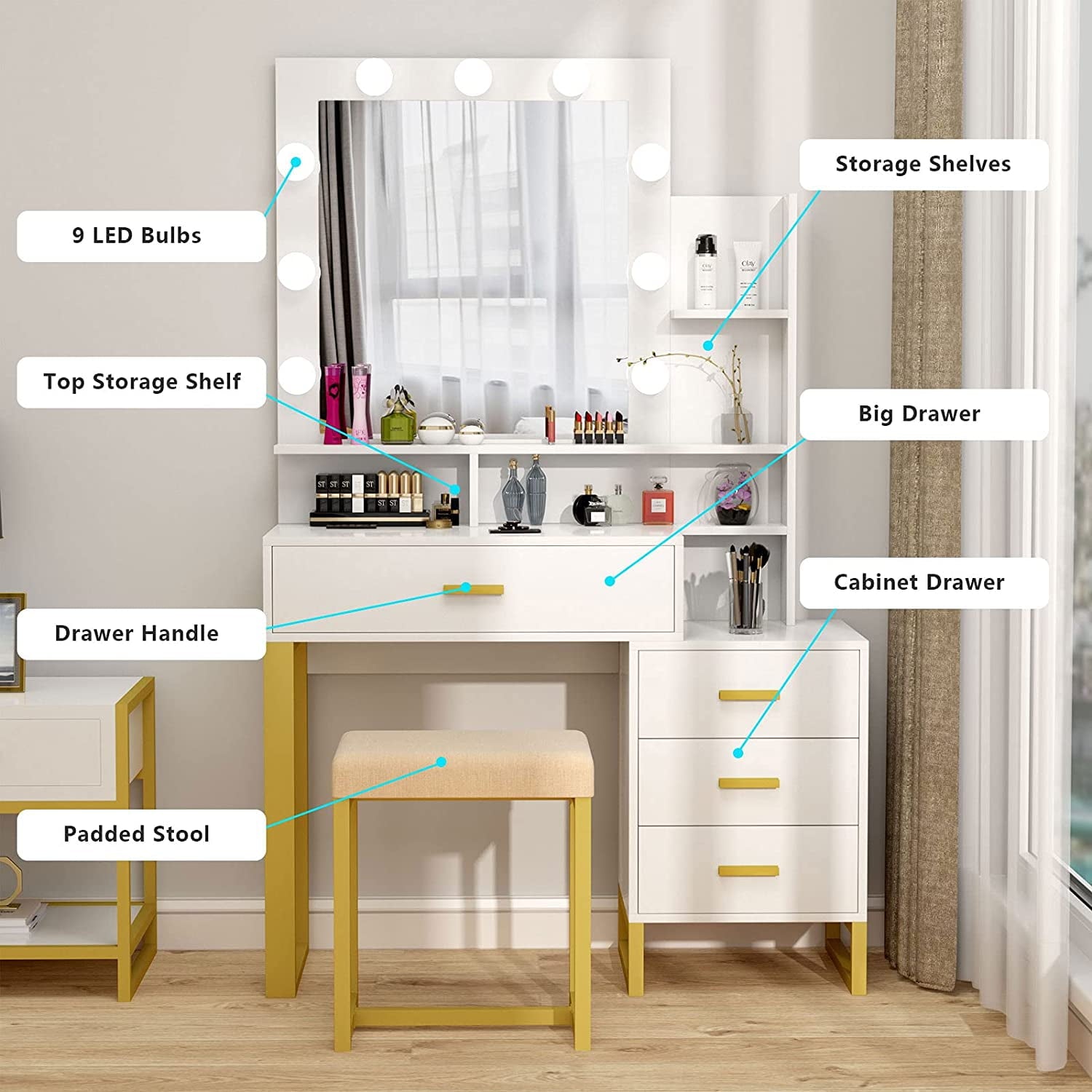 Lowest Prices - Pakasept Vanity Set with Lighted Mirror, Makeup Vanity Dressing Table with LED Light, Drawers, Storage Shelves and Cushioned Stool, Small Vanity Desk for Bedroom