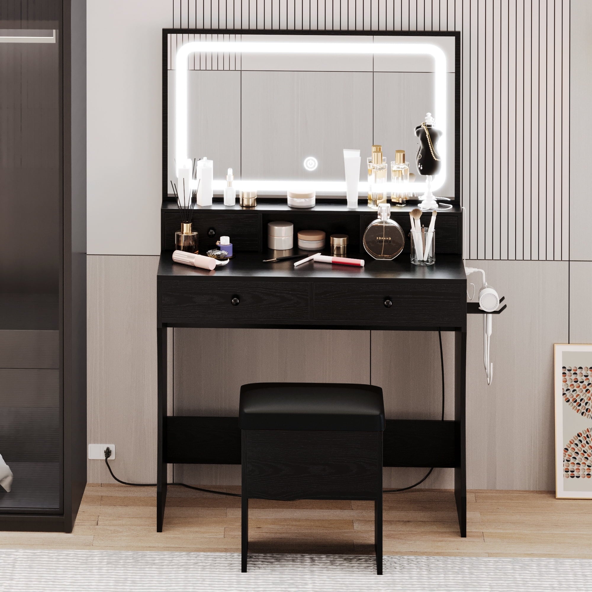 Lowest Prices - LIKIMIO Vanity Desk with LED  Mirror, Bedroom Makeup Table with 4 Drawers, Storage Stool, White