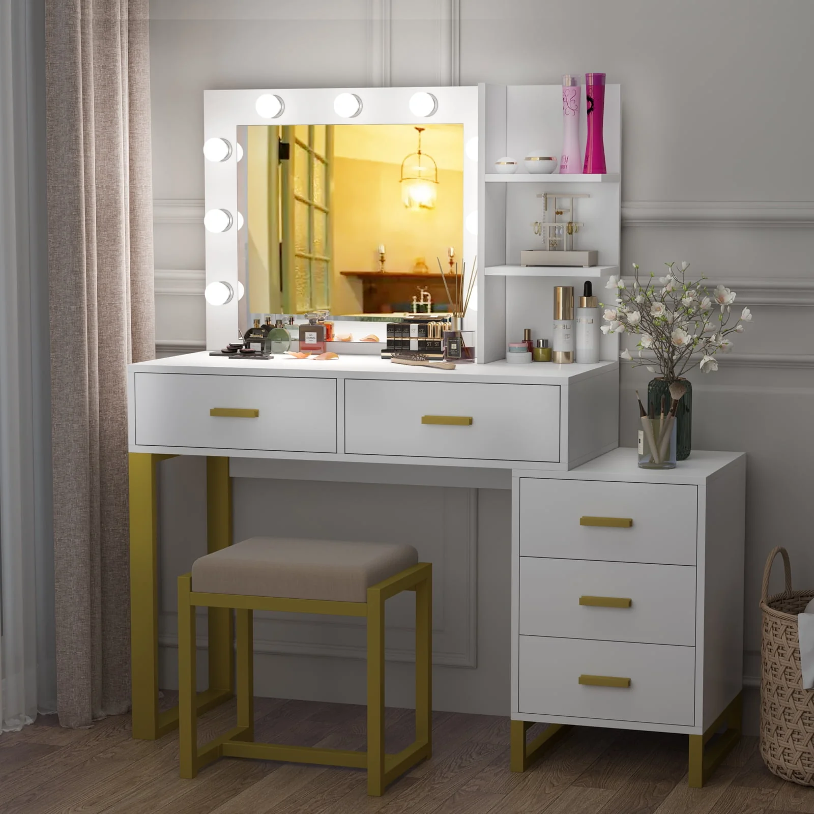 Lowest Prices - PAKASEPT Vanity Set with Lighted Mirror, Large Vanity Desk Makeup Vanity Dressing Table with 9 LED Lights, 5 Drawers, Storage Shelves&Cushioned Stool for Bedroom