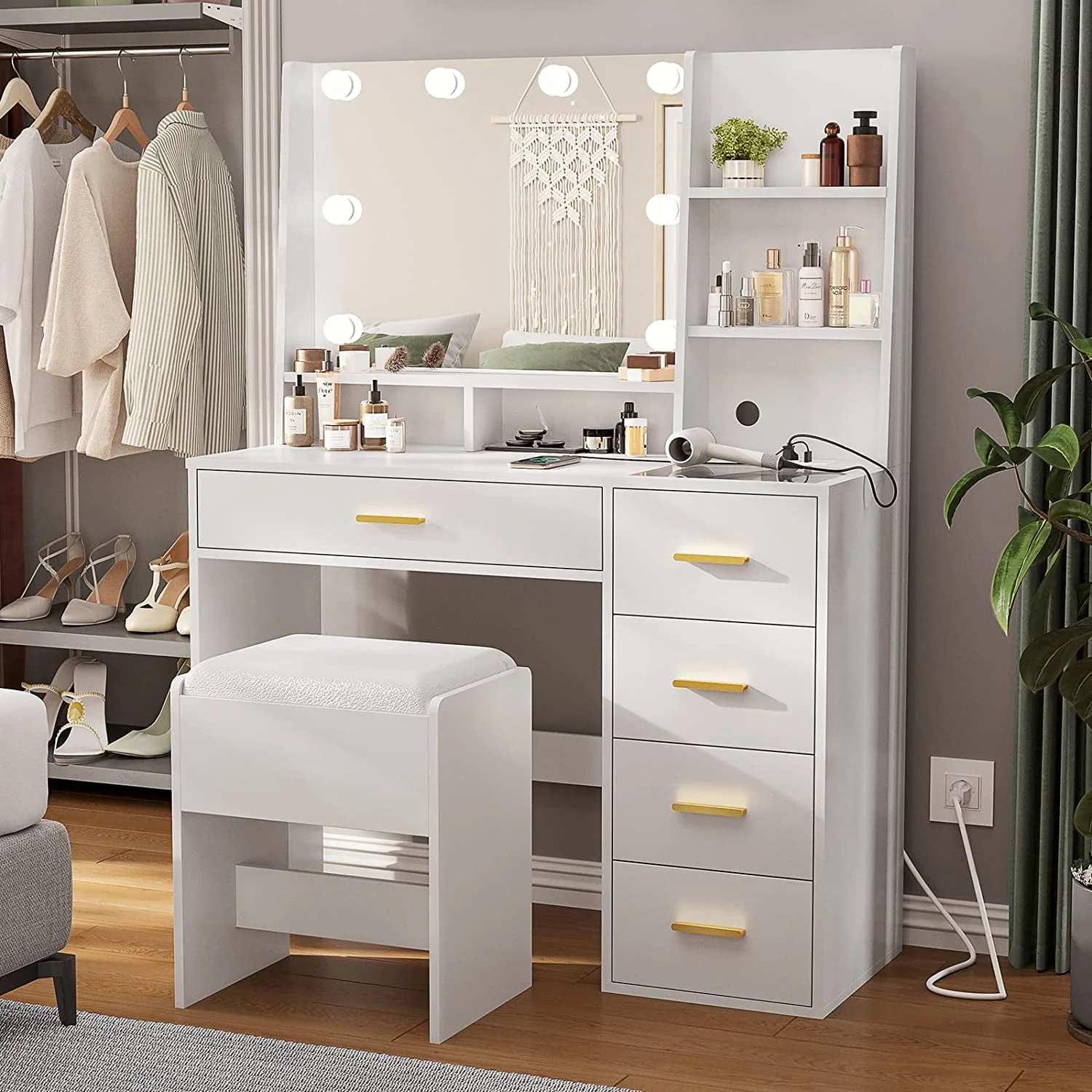 Lowest Prices - Black Vanity Set with Lights & Charging Station & Cushioned Stool, Modern Makeup Vanity Desk Table with Visible Drawers and Open Storage Shelves for Women Girls
