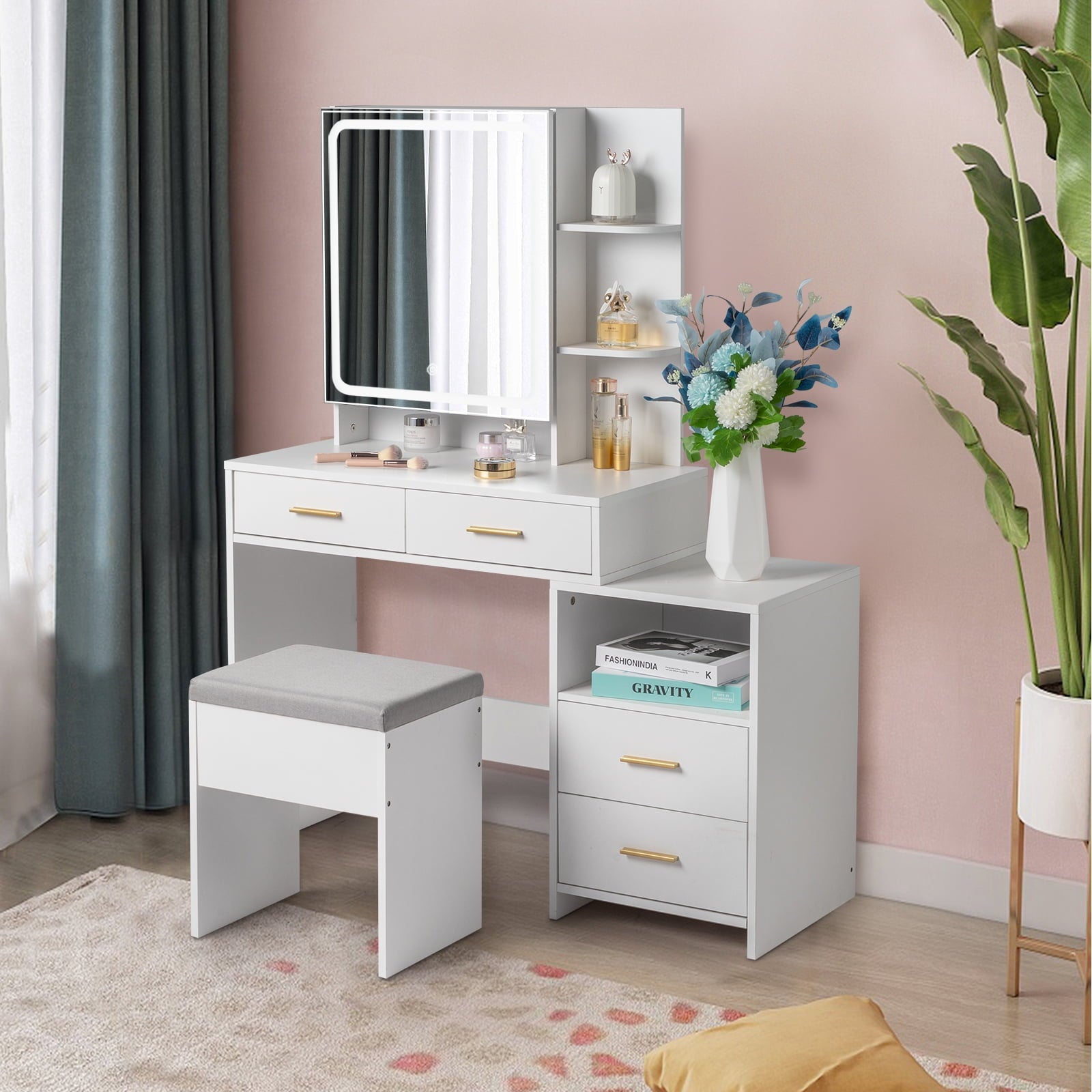 Lowest Prices - Ktaxon 3 Color Lighted Vanity Table with Sliding Mirror Vanity Set with Storage Drawers Hidden Shelves Cushion Stool White
