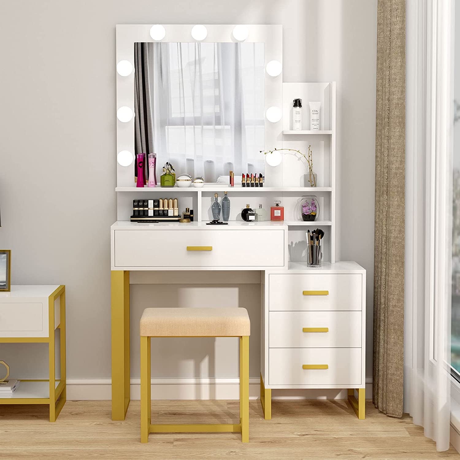 Lowest Prices - Pakasept Vanity Set with Lighted Mirror, Makeup Vanity Dressing Table with LED Light, Drawers, Storage Shelves and Cushioned Stool, Small Vanity Desk for Bedroom