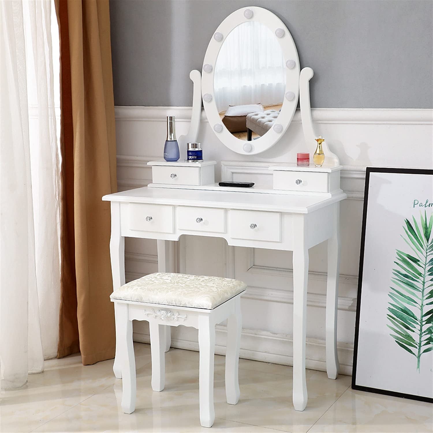 Lowest Prices - Ktaxon Vanity Table 10 LED Lights, 5 Drawers Makeup Dressing Desk with Cushioned Stool Set,Bedroom Vanities Set White