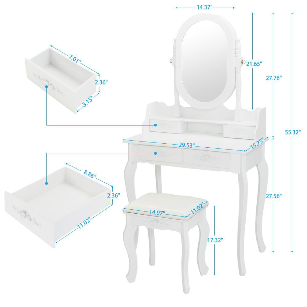 Lowest Prices - Ktaxon Vanity Jewelry Wooden Makeup Dressing Table Set W/Stool Mirror Cabinet &4 Drawer