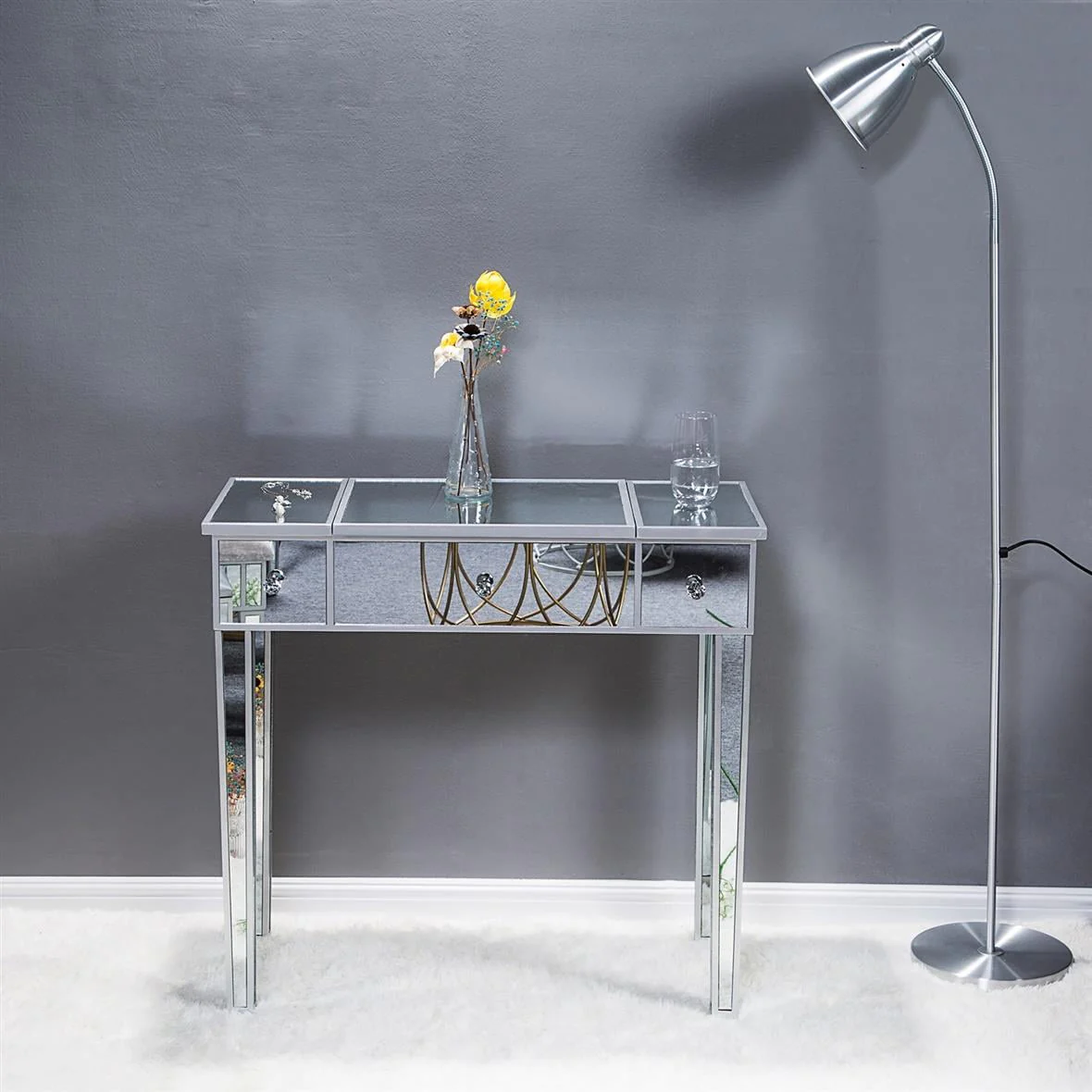 Lowest Prices - Zimtown Vanity Table Makeup Dressing Table Wood Jewelry Desk with Flip-top Mirror 3 drawers(Stool is NOt INCLUDED),Silver
