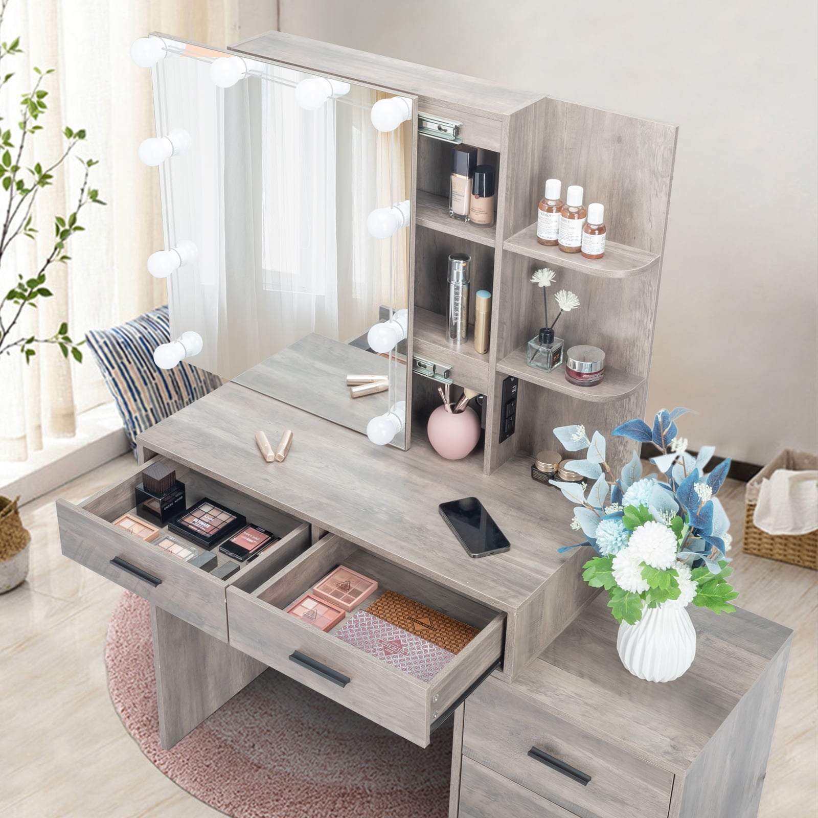 Lowest Prices - Ktaxon Lighted Vanity Makeup Table Set with Charging Station, Sliding Mirror with Cushioned Stool