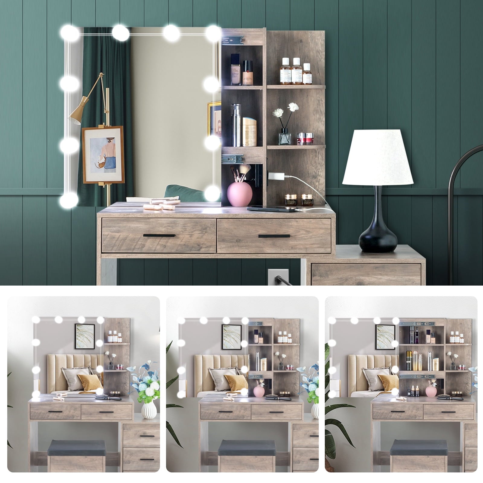 Lowest Prices - Ktaxon Lighted Vanity Makeup Table Set with Charging Station, Sliding Mirror with Cushioned Stool