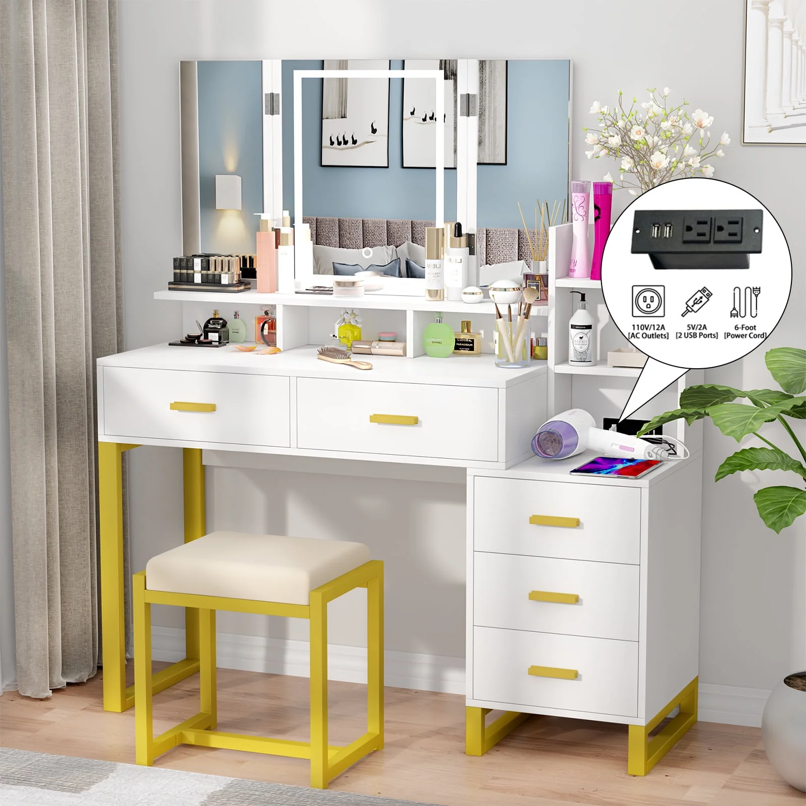 Lowest Prices - PAKASEPT Vanity Set with Tri-Fold Makeup Mirror, Large Vanity Desk Makeup Vanity with 3-Color Adjustable Touch Light, Charging Station, 5 Drawers, Storage Shelves&Cushioned Stool for Bedroom, White