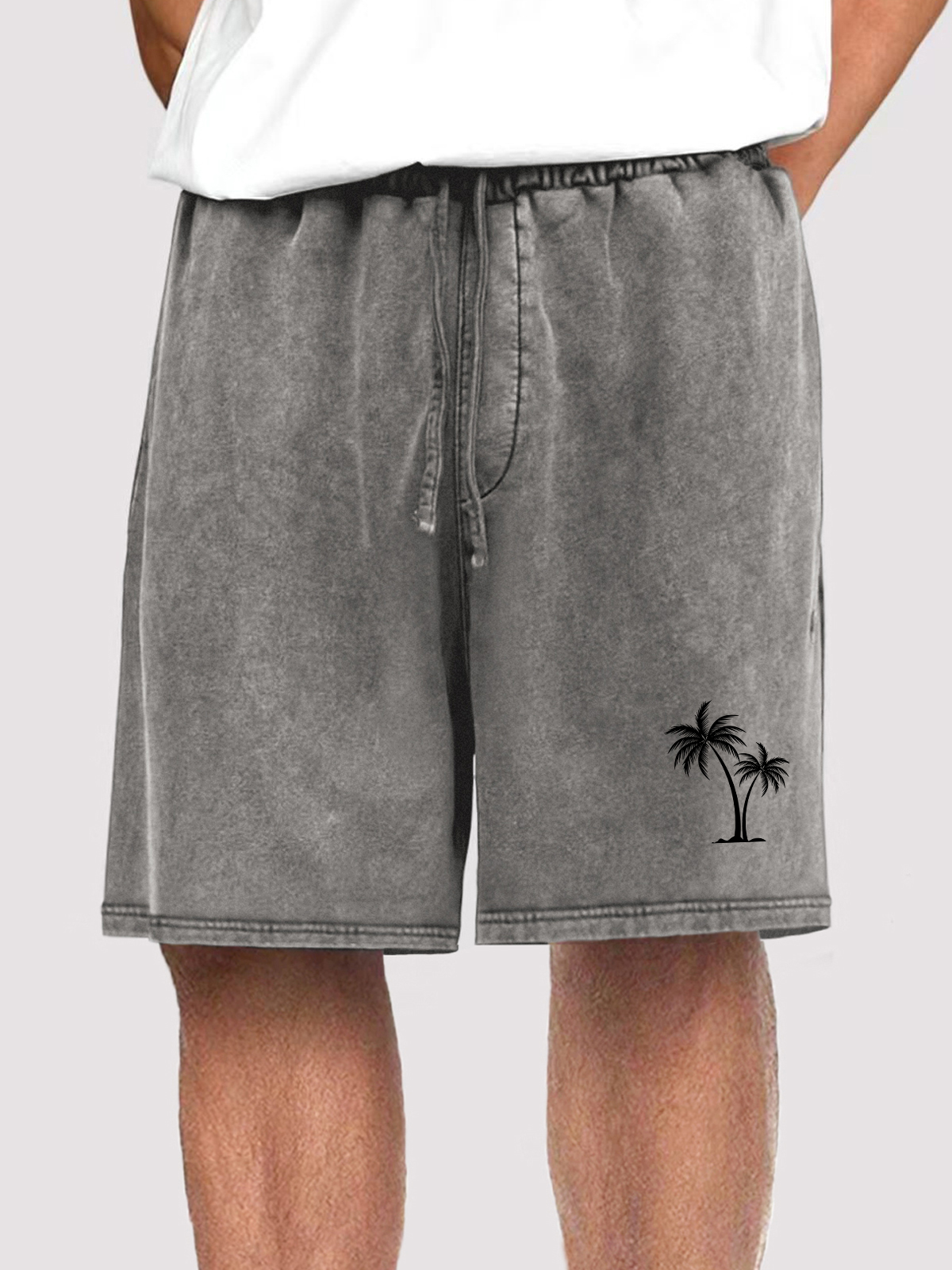 Men's Vintage Distressed Coconut Tree Print Holiday Casual Elastic Waist Shorts With Side Pockets