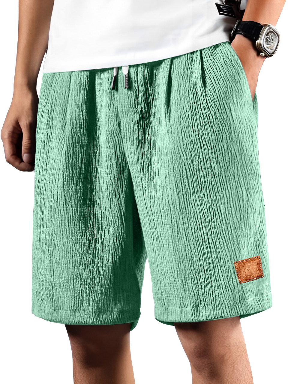Men's Daily Pleated Texture Embroidered Logo Drawstring Casual Shorts