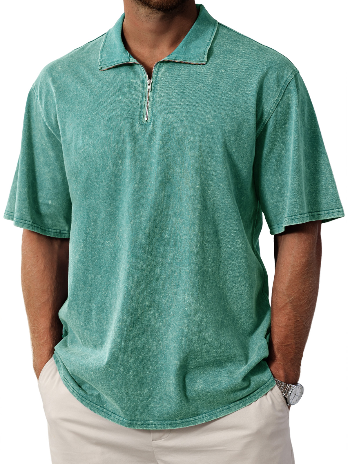 Men's Retro Stand Collar Zipper Solid Color Short Sleeve T-Shirt