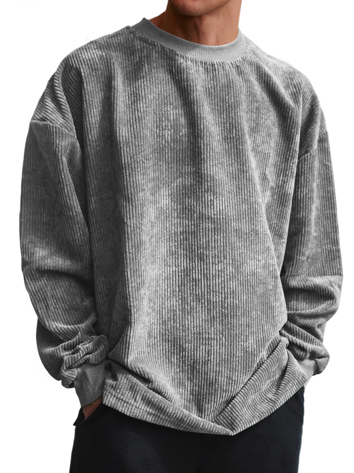 Men's Casual Round Neck Pit Stripe Textured Solid Color Long-sleeved T-shirt