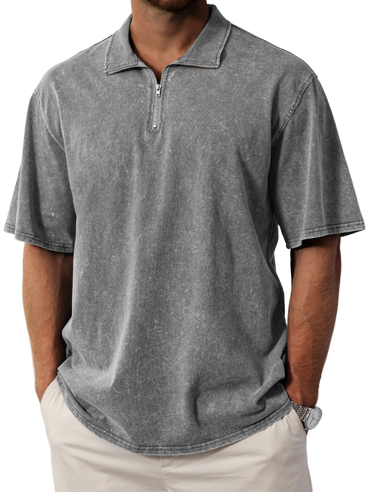 Men's Retro Stand Collar Zipper Solid Color Short Sleeve T-Shirt