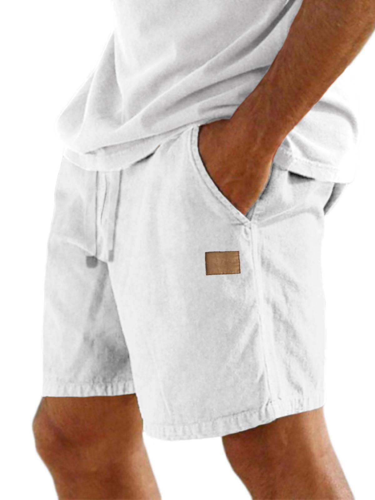 Men's Comfort Linen Embroidered Logo Holiday Casual Lace-Up Shorts with Side Pockets