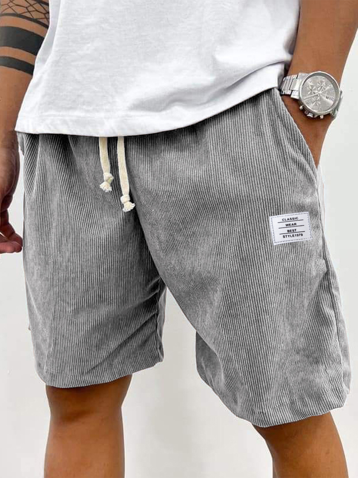Men's Stylish Corduroy Simple Embroidered Logo Casual Lace-up Loose Shorts