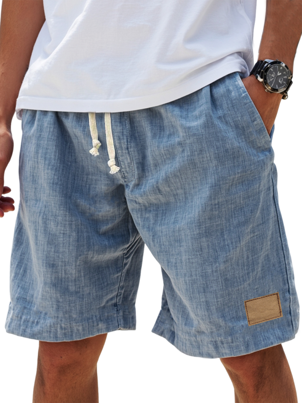 Men's Breathable Linen Embroidered Logo Loose Holiday Shorts