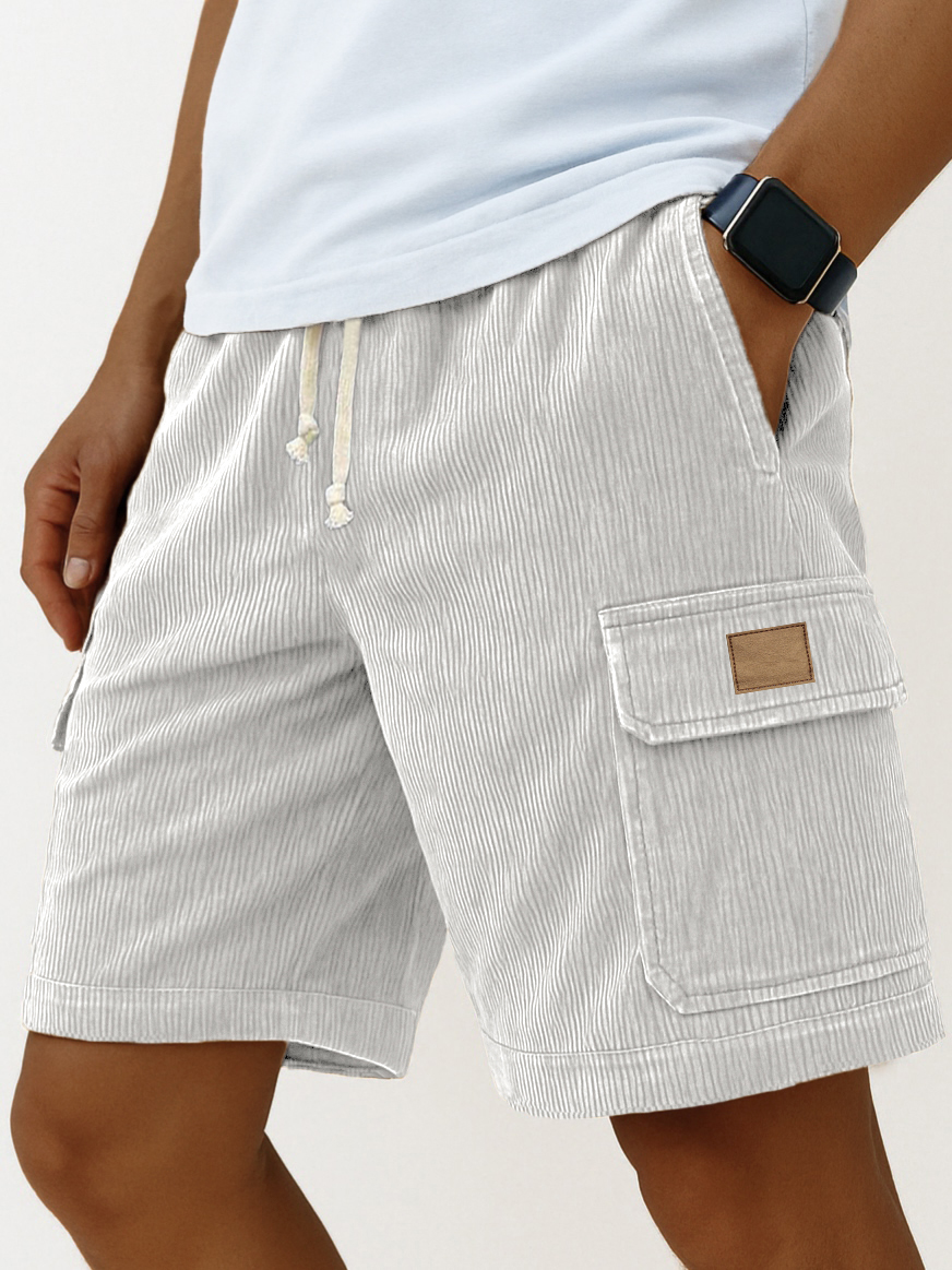 Men's Stylish Multi-pocket Cargo Shorts Corduroy Vintage Embroidered Logo Casual Lace-up Loose Shorts
