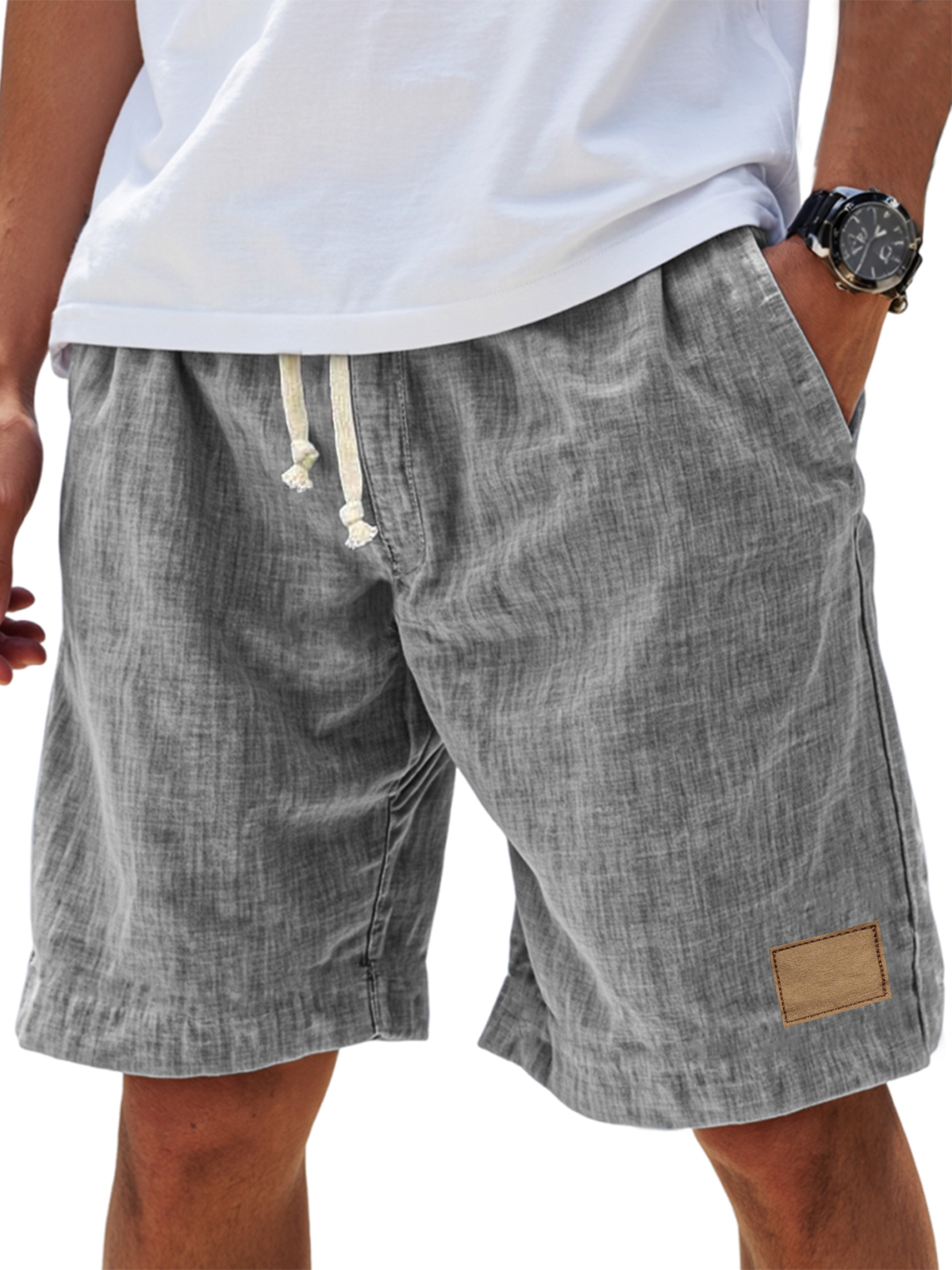 Men's Breathable Linen Embroidered Logo Loose Holiday Shorts