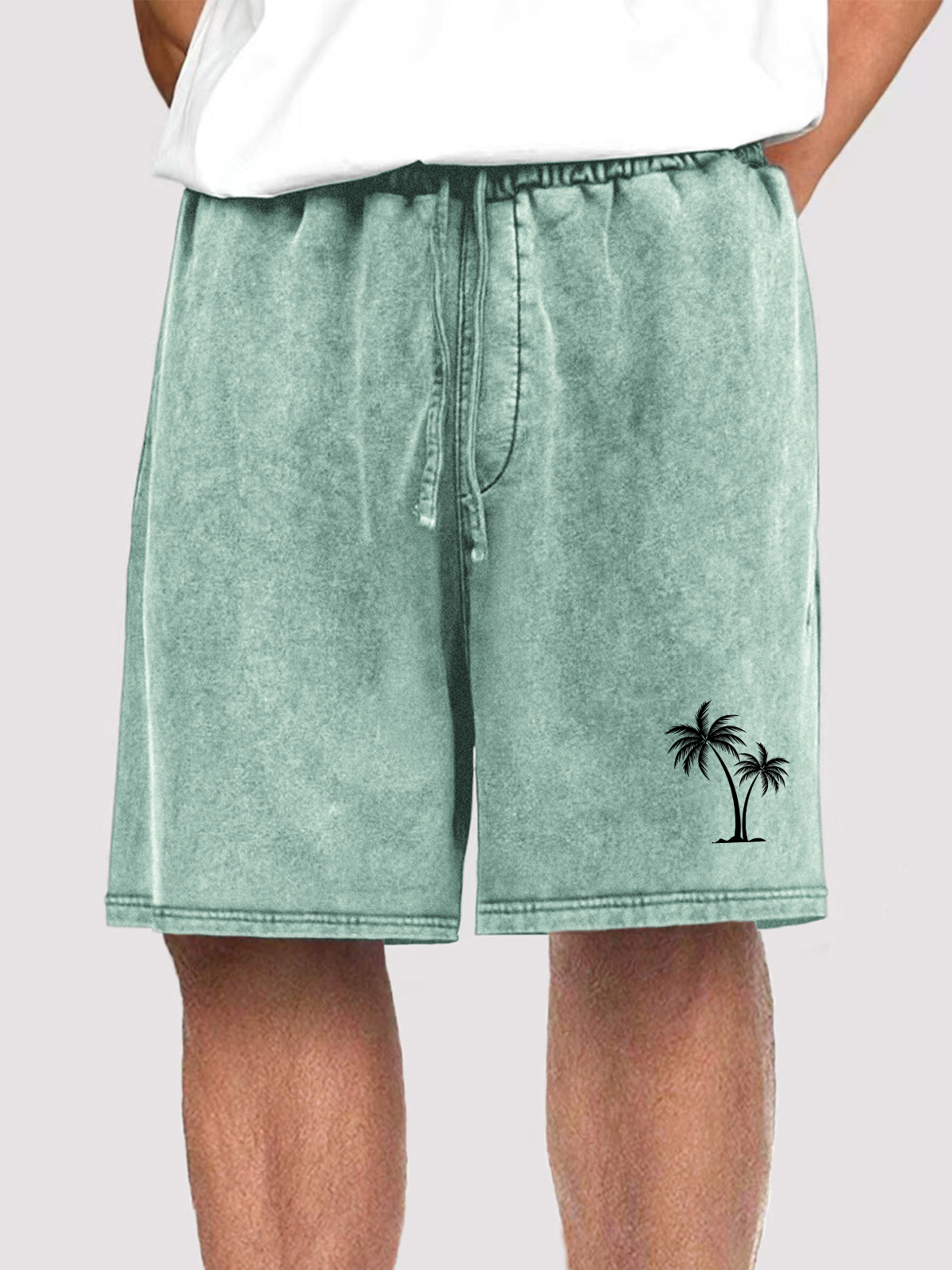 Men's Vintage Distressed Coconut Tree Print Holiday Casual Elastic Waist Shorts With Side Pockets