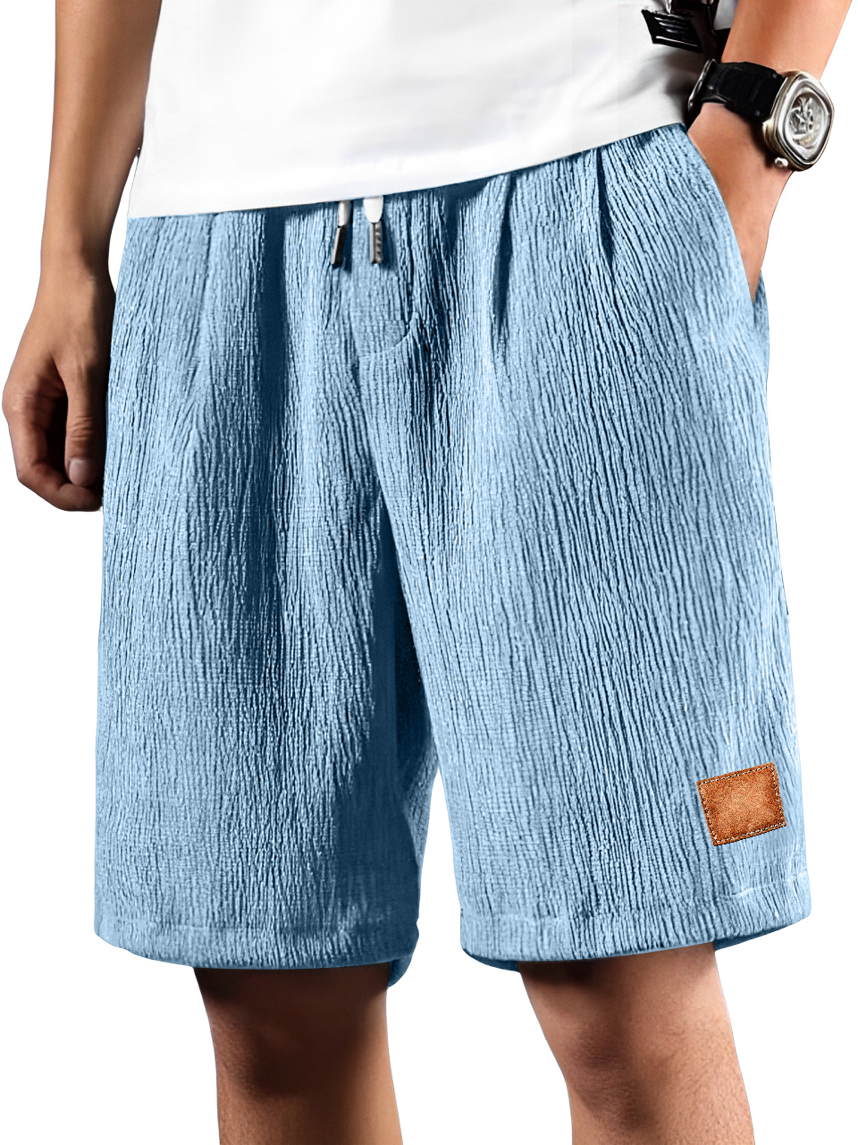 Men's Daily Pleated Texture Embroidered Logo Drawstring Casual Shorts