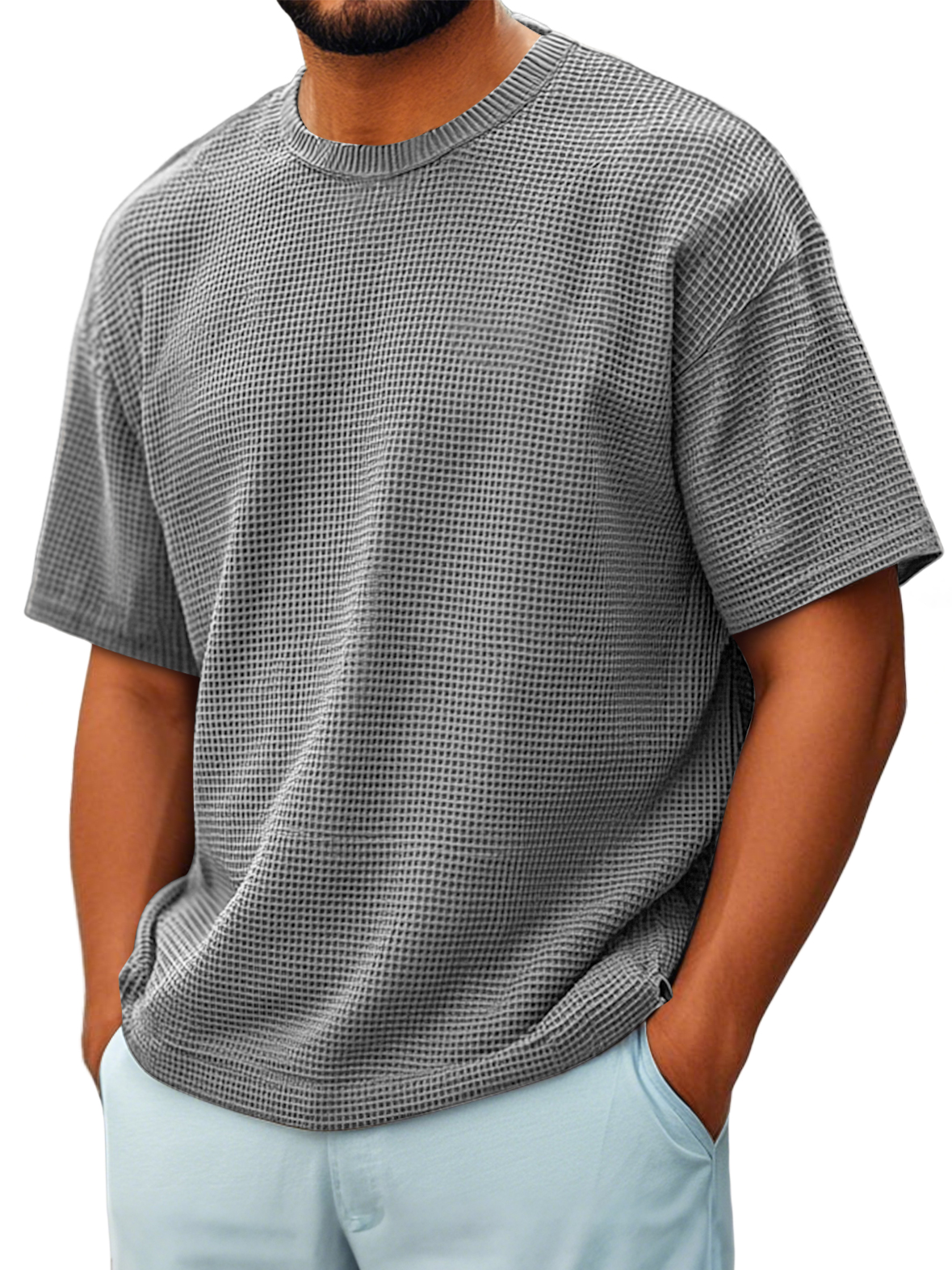 Men's Round Neck Waffle Casual Short-sleeved T-shirt