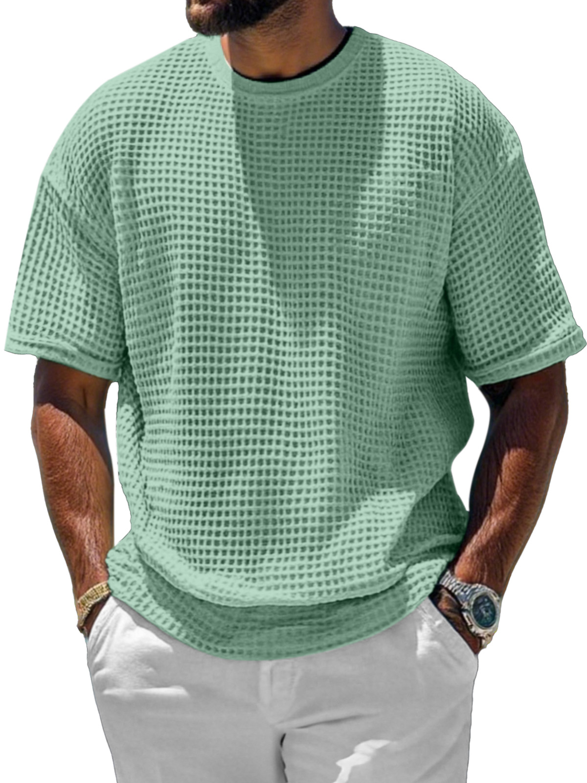 Men's Casual And Comfortable Short-sleeved Solid Color Waffle Round Neck T-shirt
