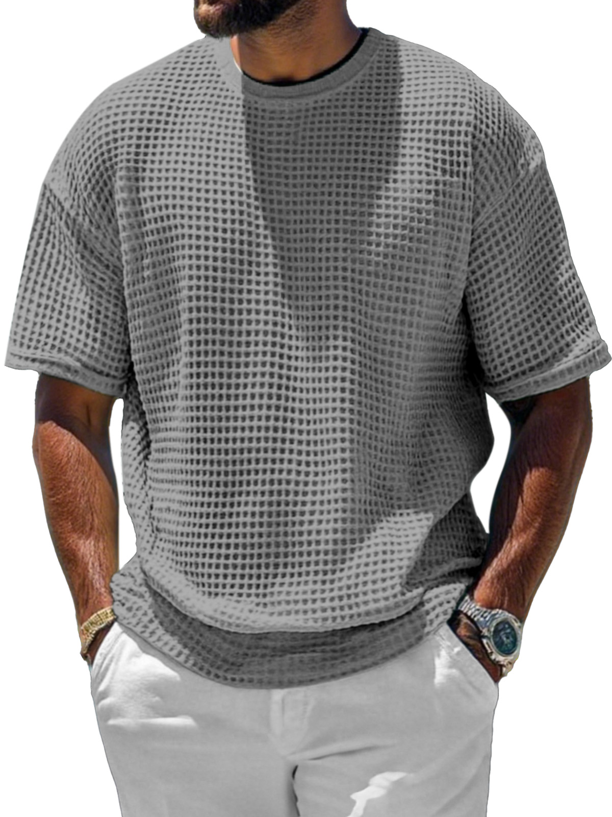 Men's Casual And Comfortable Short-sleeved Solid Color Waffle Round Neck T-shirt