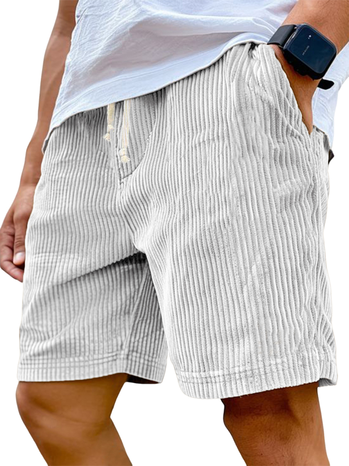 Men's Stylish Ribbed Vertical Striped Corduroy Loose Lace-up Casual Shorts
